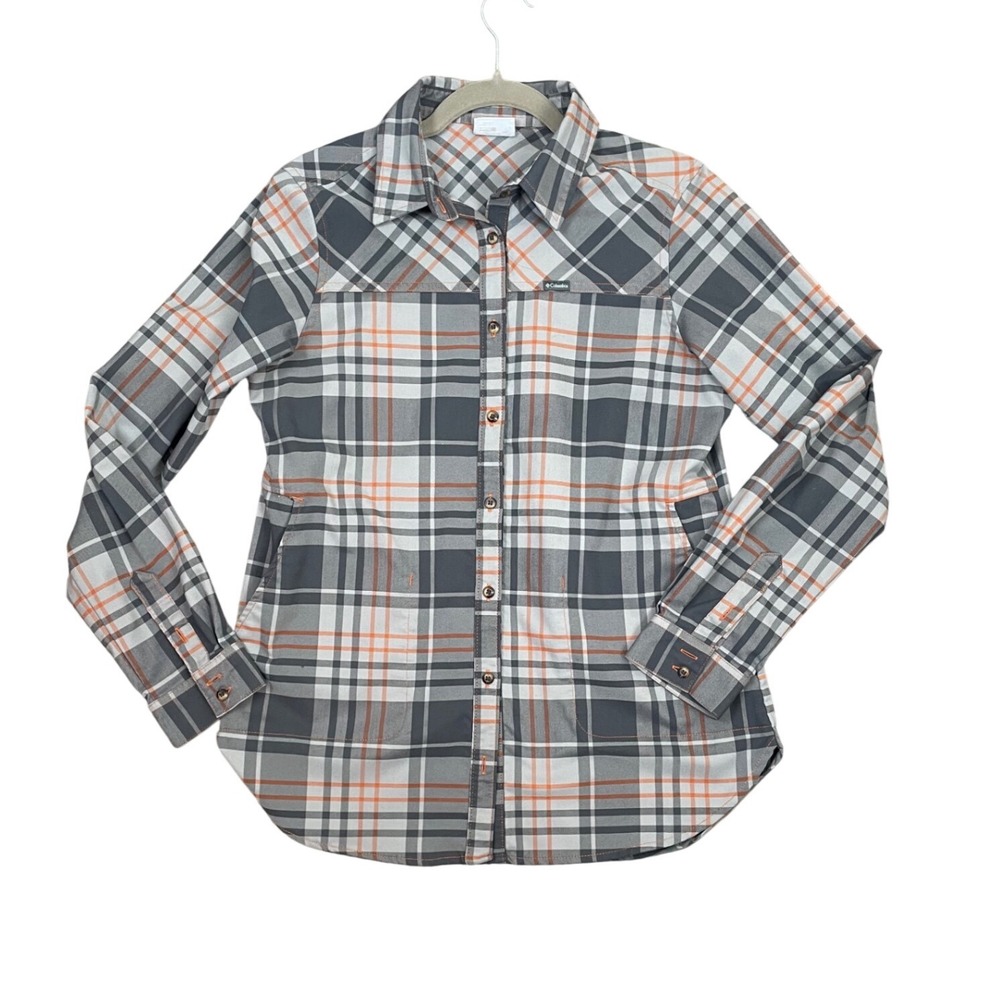 Columbia Womens XL0559 Plaid‎ Button Down Shirt Gray Orange Long Sleeve Size M